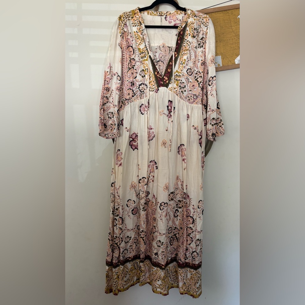 Free People Cream Floral Long Sleeve Maxi Dress with Pink and Gold Accents